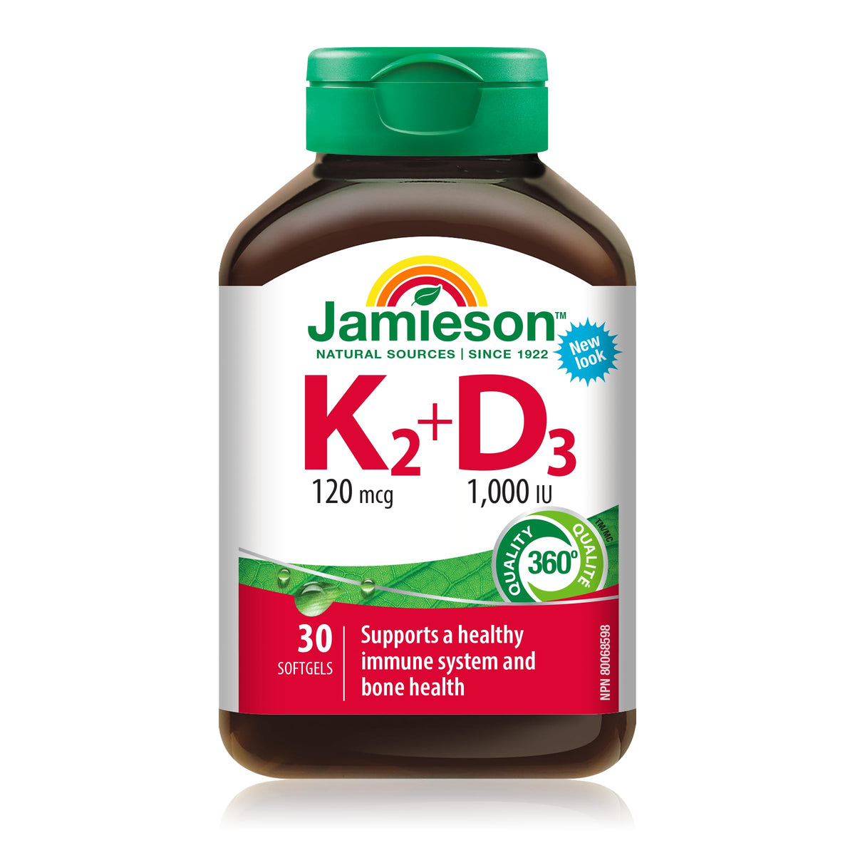 Jamieson Vitamin K 120 mcg and Vitamin D3 1,000 IU Softgels, Supports Immune Health, Strong Bones and Teeth. Non-GMO, Gluten-Free, 30 Count, Proudly Canadian