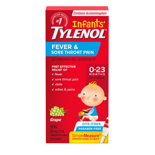 TYLENOL Infants' Fever and Sore Throat Pain Medicine, Oral suspension drops, Relieves Fever and Sore Throat Pain, Grape Flavour, 24mL