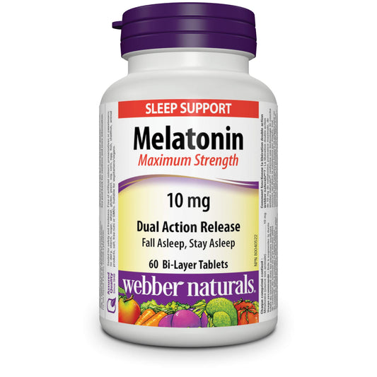 Webber Naturals Melatonin 10 mg Maximum Strength, 60 Dual Action Release Tablets, For Sleep Support, Vegan