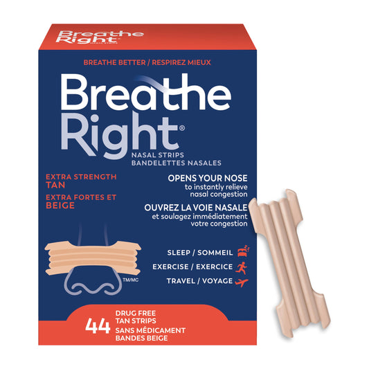 Breathe Right Nasal Strips, Extra Strength, Tan, Drug-Free Snoring Solution & Nasal Congestion Relief Caused by Colds & Allergies, Nightly Sleep, 44 Count