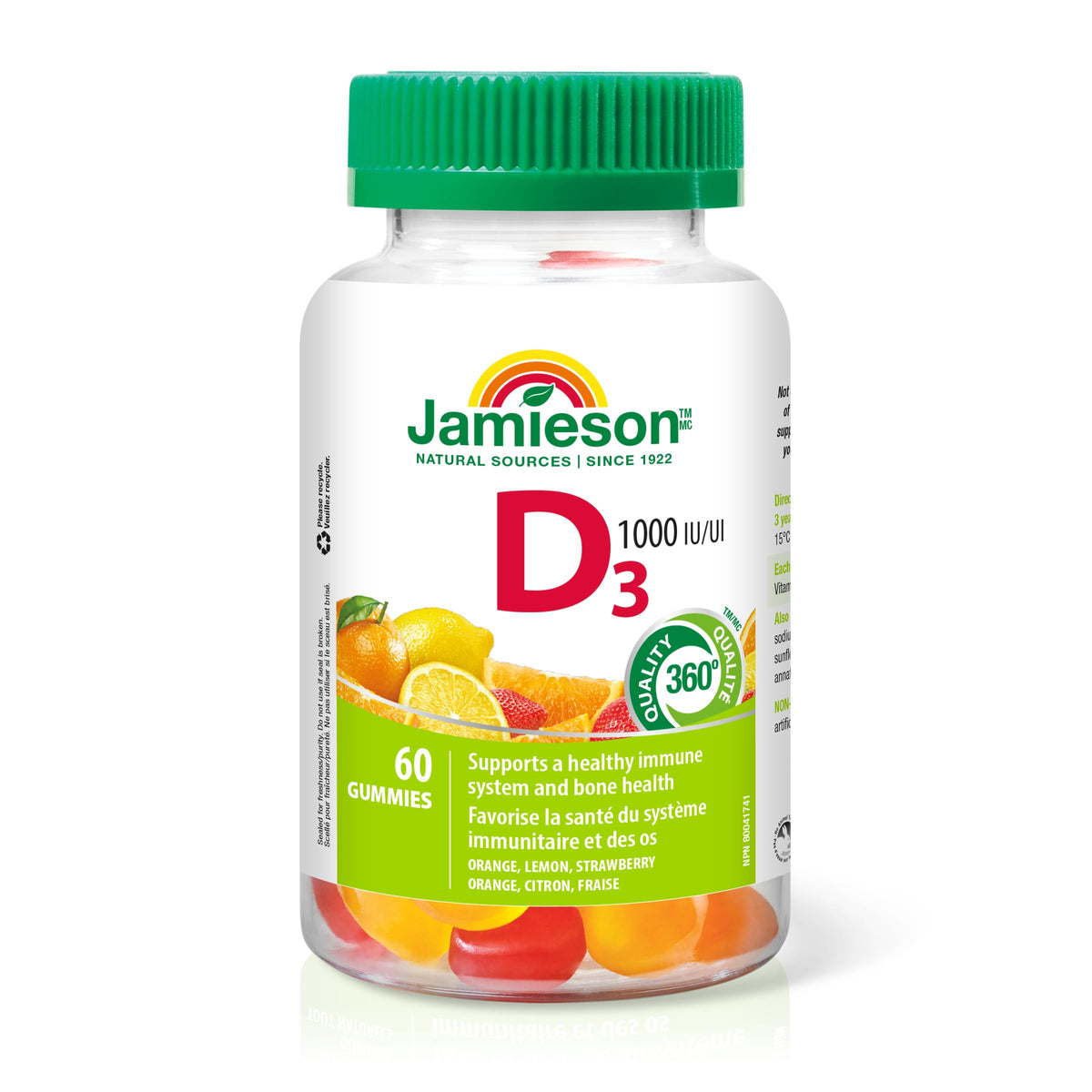 Jamieson Vitamin D3 1,000 IU Gummies, Orange, Lemon, and Strawberry Flavours, Supports Immune Health, Strong Bones and Teeth. Vegetarian, Non-GMO, Gluten-Free, No Artificial Flavours or Colours, 60 Count Proudly Canadian