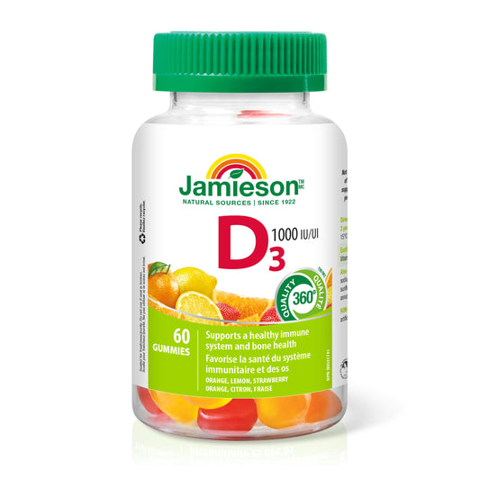 Jamieson Vitamin D3 1,000 IU Gummies, Orange, Lemon, and Strawberry Flavours, Supports Immune Health, Strong Bones and Teeth. Vegetarian, Non-GMO, Gluten-Free, No Artificial Flavours or Colours, 60 Count Proudly Canadian