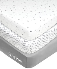 American Baby Company 100% Natural Cotton Value Jersey Knit Fitted Portable/Mini-Crib Sheet, Gray Stars/zigzag/ Gray, 24" x 38" x 5", Soft Breathable, for Boys and Girls, Pack of 3