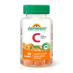 Jamieson Vitamin C 250 mg Gummies Natural Tangy Orange Flavour, Supports Immune Health, Strong Teeth and Bones. Family Friendly (3+), Vegetarian, Non-GMO, Gelatin-Free, No Artificial Flavours, Colours, or Preservatives, 60 Count, Proudly Canadian
