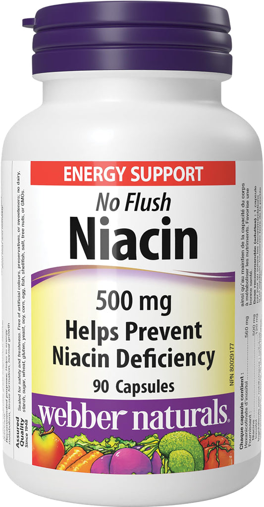 Webber Naturals Niacin 500 mg, 90 Capsules, No Flush, Vitamin B3 Supplement, Supports Energy Production and Metabolism