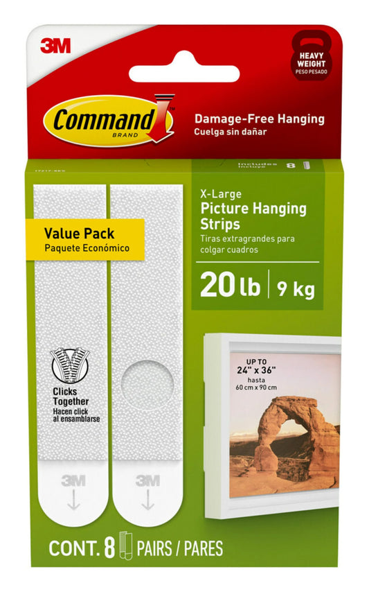 Command 20 Lb XL Heavyweight Picture Hanging Strips, Damage Free Hanging Picture Hangers, No Tools Heavy Duty Wall Hanging Strips for Back to School Dorm Organization, 8 White Adhesive Strip Pairs
