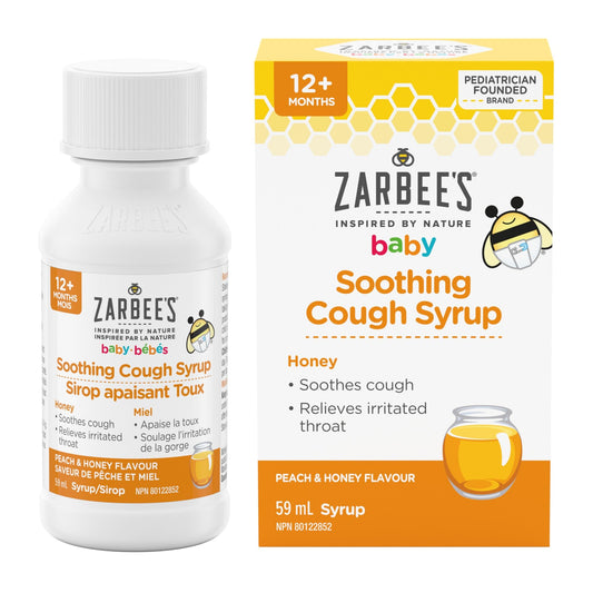 Zarbee's Baby Soothing Cough Syrup, Sore Throat Relief, Naturally Sourced Honey, Dye-Free, Peach & Honey Flavour, 59 mL