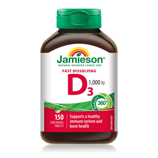 Jamieson Vitamin D3 1,000 IU Fast Dissolving Tablets, Supports Immune Health, Strong Bones and Teeth, Enhances Calcium and Phosphorus Absorption. Non-GMO, Gluten-Free, One Per Day, 150 Sublingual Tablets, Proudly Canadian