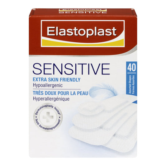 ELASTOPLAST Sensitive Adhesive Bandages for Wound Care and First Aid Kit, Extra Skin-Friendly Hypoallergenic Bandages, Strong Adhesion, Bacteria Shield, First Aid Supplies, 40 Assorted Sizes, White