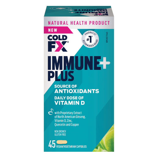 Cold-FX Immune+ Plus, with proprietary extract of North American Ginseng, Vitamin D, Zinc, Quercetin and Copper, Helps reduce Chance Cold and Flu, Immune System Support, 45 Vegan Vegetarian Capsules