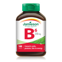 Jamieson Vitamin B6 250 mg, Pyridoxine HCl, Helps Prevent Vitamin B6 Deficiency, Supports Energy Production and Metabolism. Vegetarian, Gluten-Free, 100 Caplets, Proudly Canadian