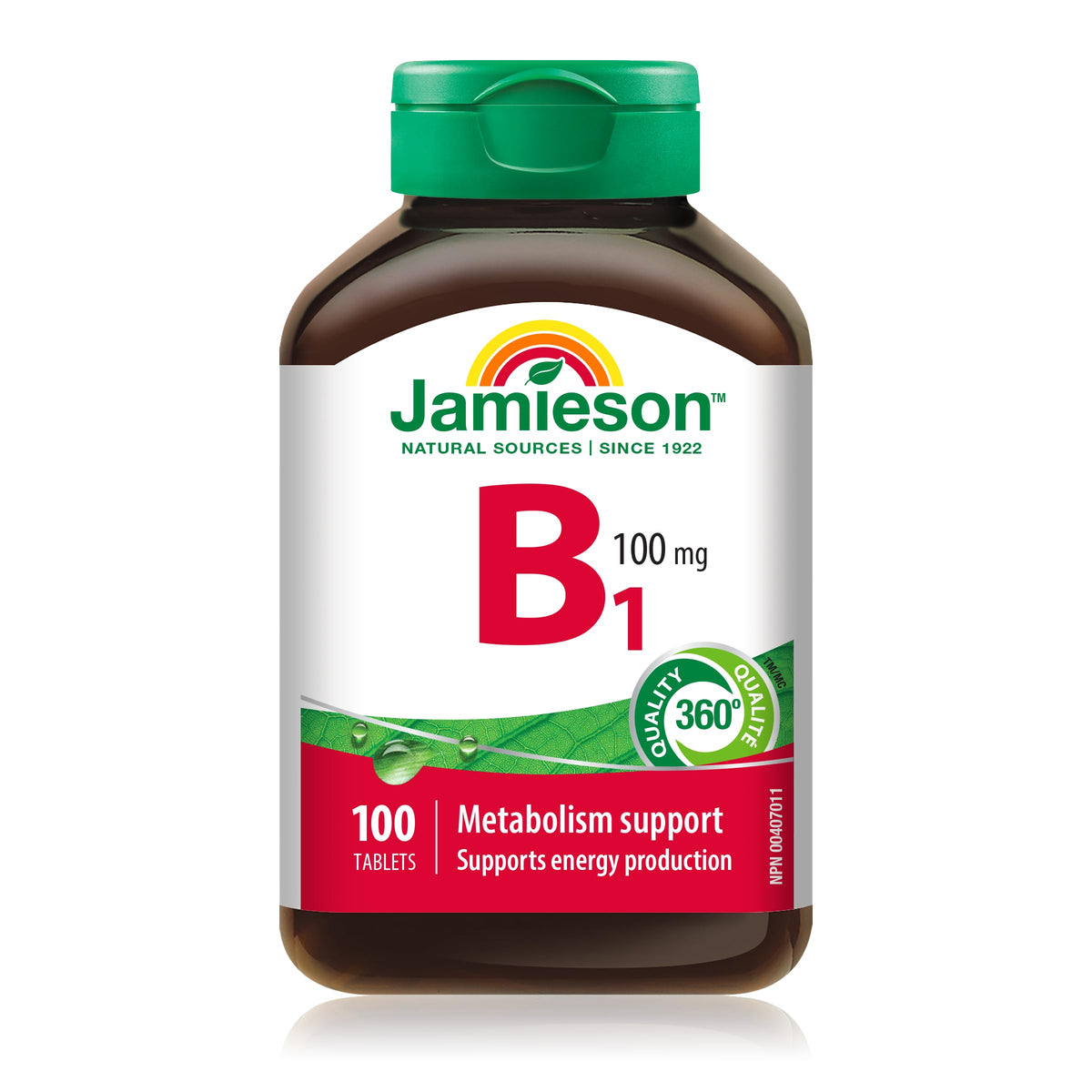 Jamieson Vitamin B1 100 mg, Thiamine, Essential for Energy Metabolism, and Helps Prevent Vitamin B1 Deficiency. One Per Day, Vegetarian, Gluten-Free, 100 Tablets, Proudly Canadian