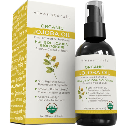 Viva Naturals Organic Jojoba Oil Cold Pressed Hexane Free – Face Oil, Hair Oil, Cuticle Oil, Scalp Oil, Body Oil & Massage Oil – Pure Carrier Oil for Skin Care, 4 fl oz
