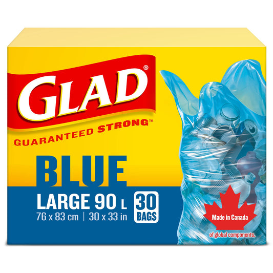 Glad Blue Recycling Bags - Large 90 Litres - 30 Trash Bags, Made in Canada of Global Components