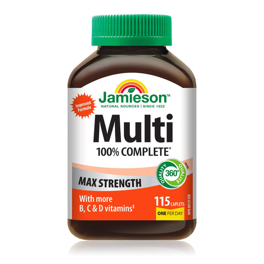 Jamieson 100% Complete Multivitamin Max Strength, with Higher Concentrations of Vitamin B, Vitamin C, and Vitamin D. Supports Immunity, Energy, and Overall Health, Gluten-Free, One Per Day, 115 Caplets