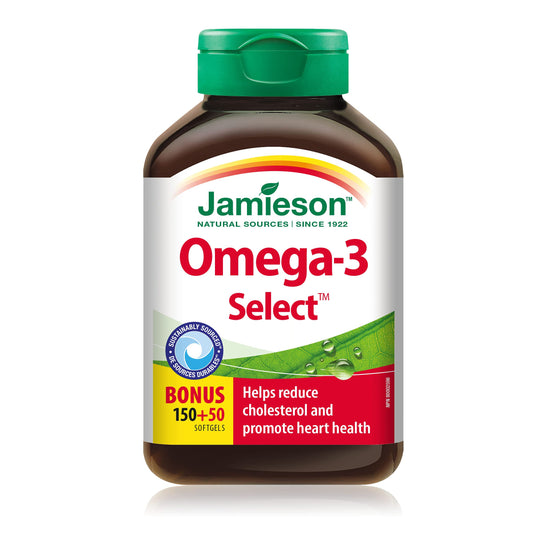 Jamieson Omega-3 Select 1,000 mg, Improves Heart Health, Supports Brain Health, and Reduces Inflammation. 200 Softgels