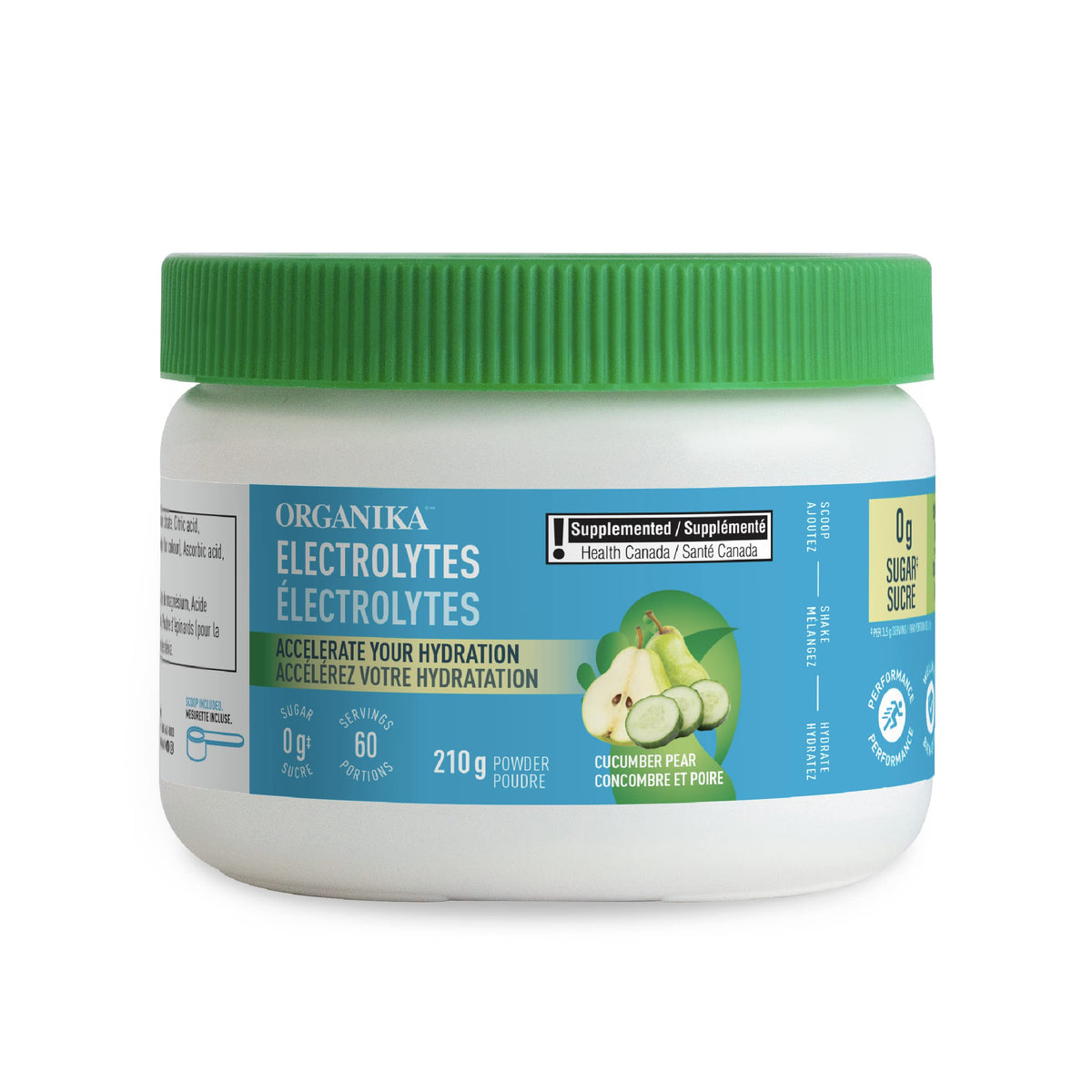 Organika Canadian-Made Electrolytes Powder - Cucumber Pear - Sugar-Free Hydration and Electrolyte Replenishment with Prebiotics and Vitamin C - 210g - 60 servings