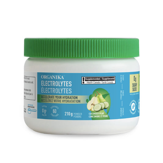 Organika Canadian-Made Electrolytes Powder - Cucumber Pear - Sugar-Free Hydration and Electrolyte Replenishment with Prebiotics and Vitamin C - 210g - 60 servings