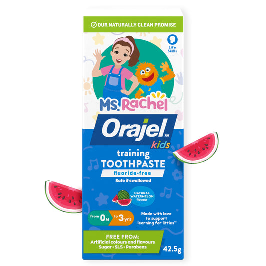Orajel Kids Ms. Rachel Fluoride-Free Training Toothpaste – Natural Fruity Fun Flavor, Pediatrician Recommended, Safe for Children, 1.5oz Tube