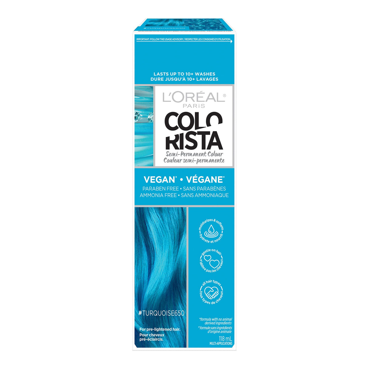 L’Oréal Paris Colorista Semi Permanent Hair Color for Bleached or Blonde Hair, 650 Turquoise, Color Depositing Hair Mask Formula, 1 EA (Packaging May Vary)