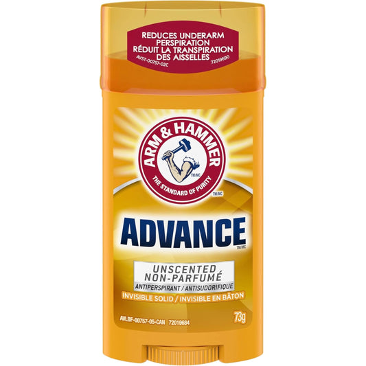 Arm & Hammer Advance Invisible Solid Antiperspirant Deodorant Stick, Unscented, Powered by Baking Soda, 48H Protection, 73g