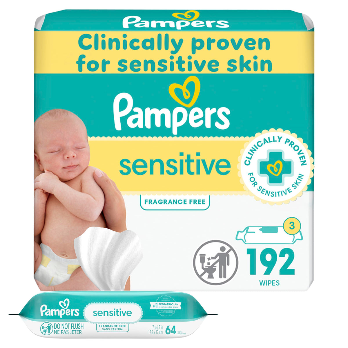 Pampers Baby Wipes, SENSITIVE, 3X Refill Packs, 192 Count