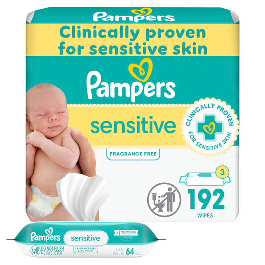 Pampers Baby Wipes, SENSITIVE, 3X Refill Packs, 192 Count