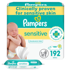 Pampers Baby Wipes, SENSITIVE, 3X Refill Packs, 192 Count