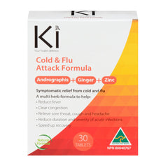 Ki Cold & Flu Attack Formula, 30 Count, Andrographis, Ginger and Zinc, Congestion, Sore Throat, Headache, Vegan Flu Relief