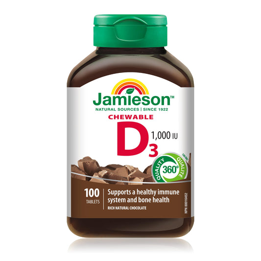 Jamieson Chewable Vitamin D3 1,000 IU Rich Chocolate Flavour, Supports Immune Health, Strong Bones and Teeth. Vegetarian, Non-GMO, Gluten-Free, No Artificial Flavours or Colours, 100 Count, Proudly Canadian