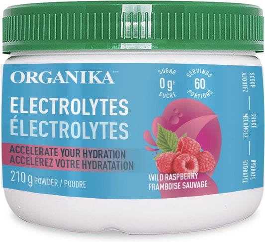 Organika Canadian-Made Electrolytes Powder- Wild Raspberry- Sugar-Free Hydration and Electrolyte Replenishment with Prebiotics and Vitamin C- 210g - 60 servings