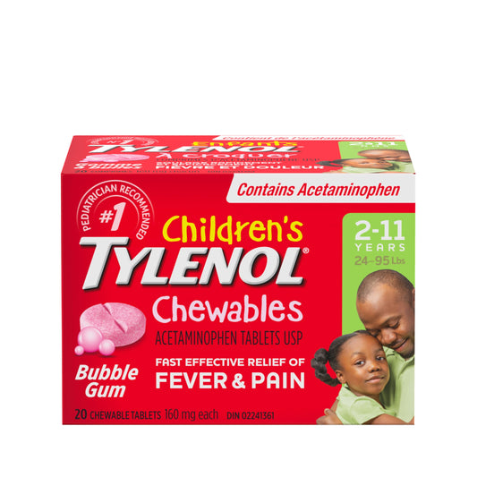 Tylenol Children's Chewables Fever and Pain Relief, Bubble Gum Flavour, 160 mg Acetaminophen, 20 Tablets, Toothache Pain Relief