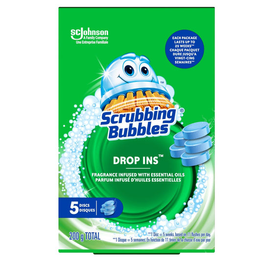 Scrubbing Bubbles Drop-Ins, Continuous Toilet Bowl Cleaning Tablets, Protects Against Stains and Limescale, Fragrance Infused with Essential Oils, 5 Discs