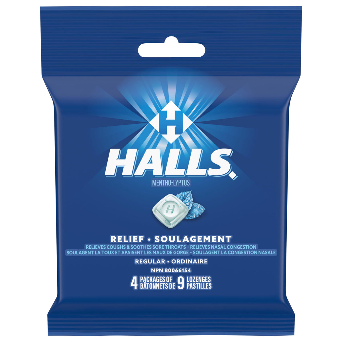 HALLS Regular Cough Drops, Throat Lozenges, Sore Throat Relief, Mentho-Lyptus, 4 Packs of 9 Lozenges