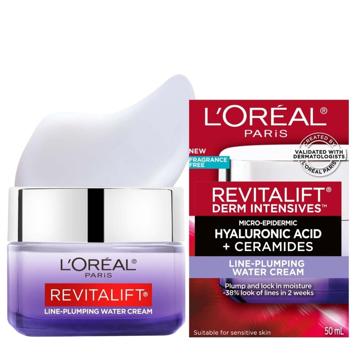 L'Oréal Paris Hyaluronic Acid + Ceramides Line-Plumping Water Cream, 24-Hour Hydration, Face Moisturizer, Reduces Look of Lines, Revitalift, For All Skin Tones & Types, Fragrance Free, Non Comedogenic, 50ml