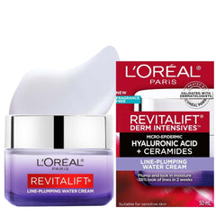L'Oréal Paris Hyaluronic Acid + Ceramides Line-Plumping Water Cream, 24-Hour Hydration, Face Moisturizer, Reduces Look of Lines, Revitalift, For All Skin Tones & Types, Fragrance Free, Non Comedogenic, 50ml