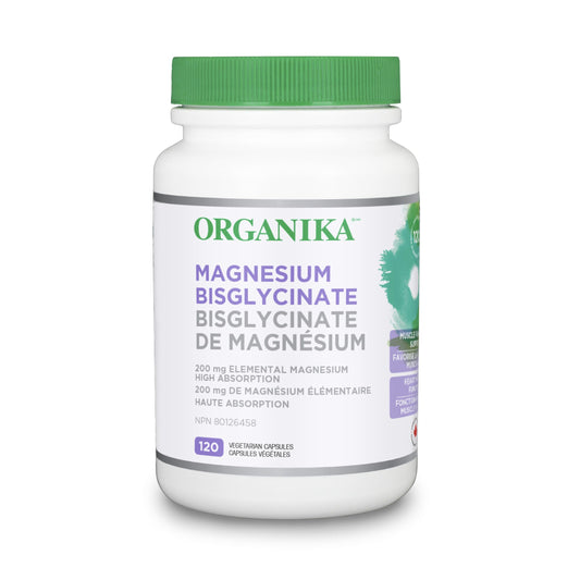 Organika Canadian-Made Magnesium Bisglycinate - 200mg, High Absorption, Muscle Recovery, Heart Support, 120vcaps