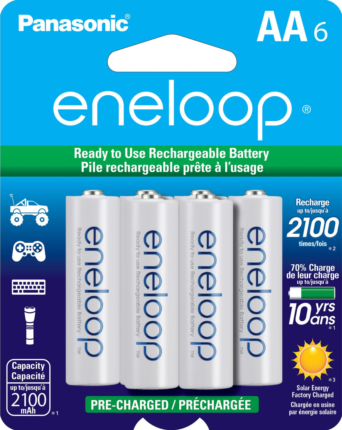 Eneloop Panasonic BK-3MCCA6BA AA 2100 Cycle Ni-MH Pre-Charged Rechargeable Batteries, 6-Battery Pack