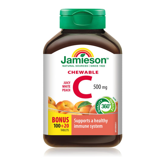 Jamieson Chewable Vitamin C 500 mg Juicy White Peach Flavour, Supports Immune Health, Strong Teeth and Bones. Family Friendly (4+), Vegetarian, Non-GMO, Gluten-Free, No Artificial Flavours, Colours, or Preservatives, 120 Count, Proudly Canadian