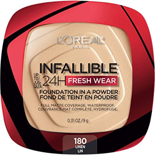 L’Oréal Paris Infallible 24H Fresh Wear Foundation in A Powder, Waterproof Matte Finish, Linen 180, 1 Count