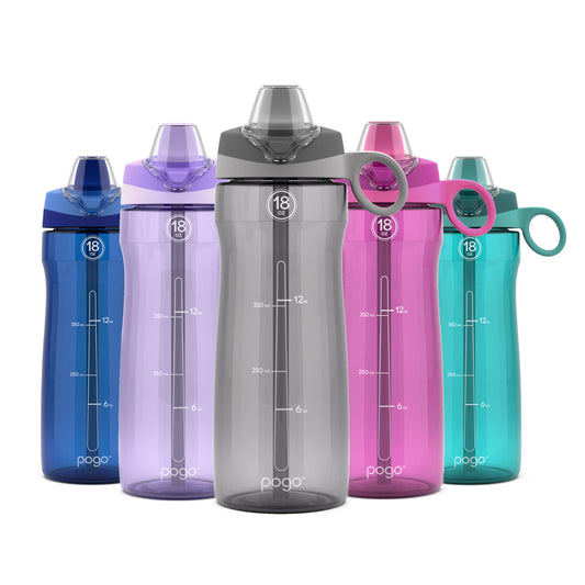 Pogo BPA-Free Tritan Plastic Water Bottle with Soft Straw Lid, 18 Oz, Grey