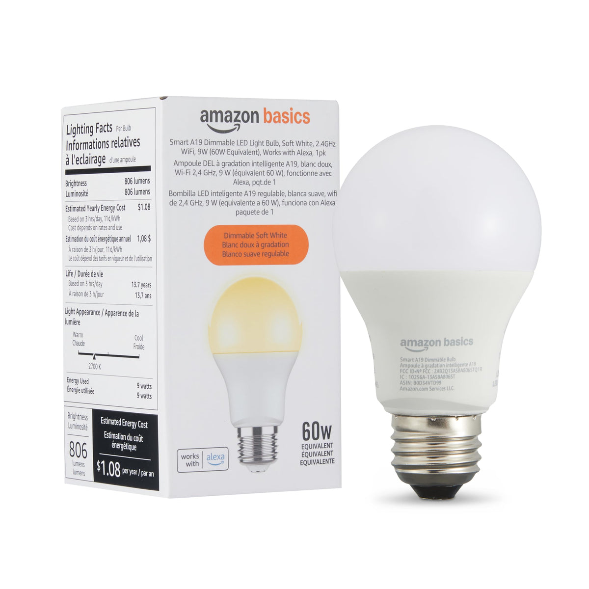 Amazon Basics Smart A19 LED Light Bulb, Dimmable Soft White (2700K), 9W (60W Equivalent), 800LM, Works with Alexa Only, 2.4 GHz Wi-Fi, No Hub Required, 1 Pack
