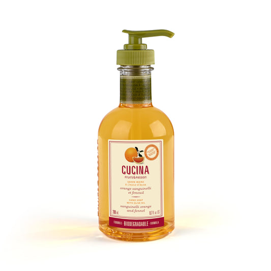 Cucina Hand Soap with Olive Oil, Sanguinelli Orange and Fennel Scent, Biodegradable Formula, Recyclable Glass Bottle, 200 ml, Fruits and Passion