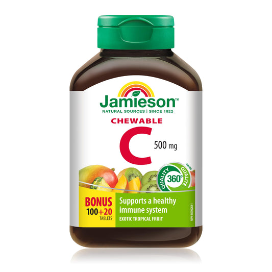 Jamieson Chewable Vitamin C 500 mg Tropical Fruit Flavour, Supports Immune Health, Strong Teeth and Bones. Family Friendly (4+), Vegetarian, Non-GMO, Gluten-Free, No Artificial Flavours, Colours, or Preservatives, 120 Count, Proudly Canadian