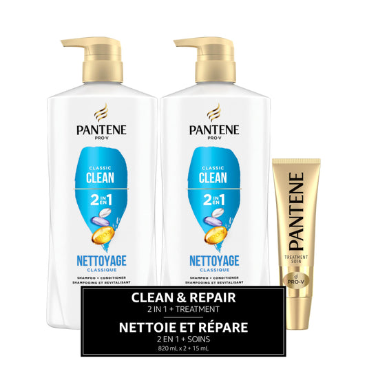 Pantene PRO-V Classic Clean 820 mL 2in1 Shampoo + Conditioner Twin Pack with 15 mL Hair Treatment shot (1655 mL in Total)