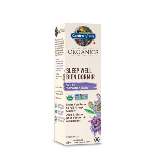 Garden of Life Organics Sleep Well 58ml Spray | Relax & Fall Asleep Quickly | Melatonin Free | Made with L-Theanine, Passionflower, Chamomile, Lemon Balm, Hibiscus | Non-GMO, Vegan, Organic