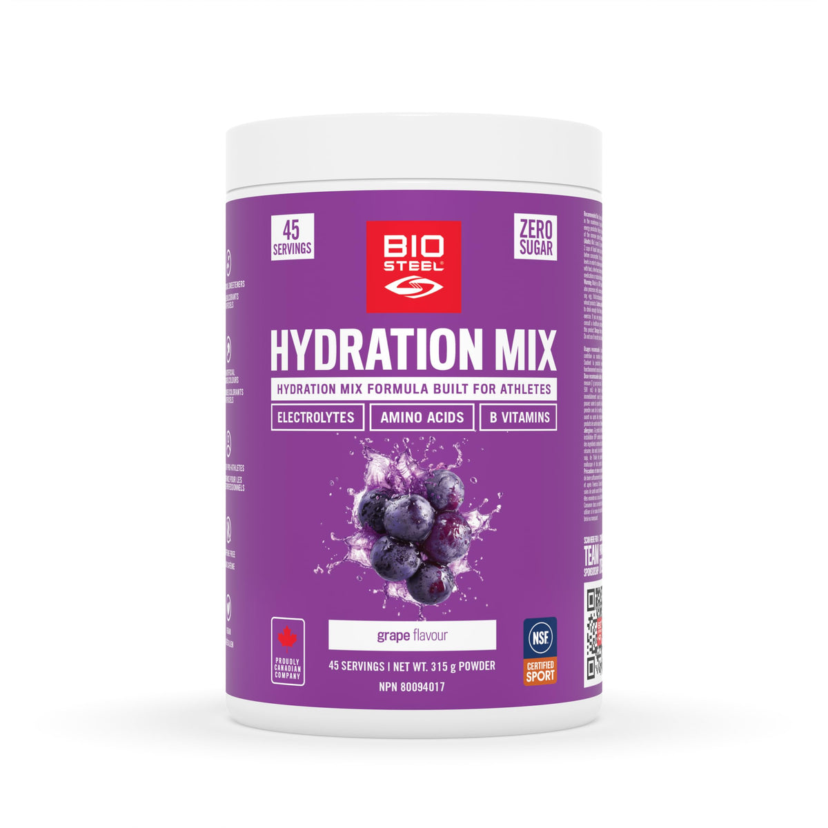 BioSteel Electrolyte Hydration Mix Powder, Zero Sugar, No Artificial Flavours, Grape, 45 Serving Container