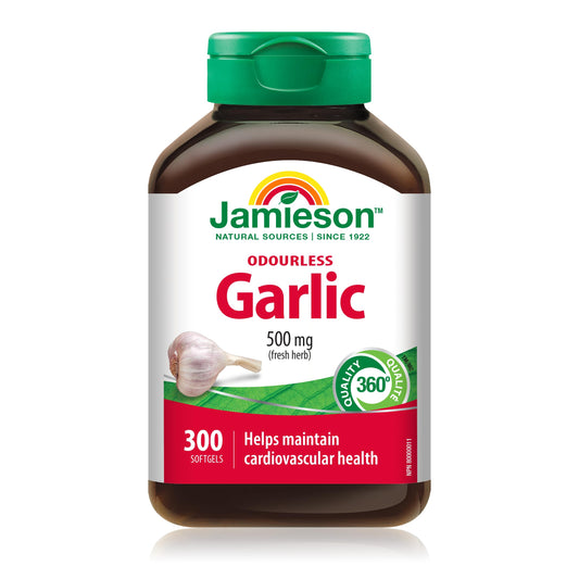 Jamieson Odourless Garlic 500 mg, Supports Heart Health, and Provides Immune Support. Non-GMO, Gluten-Free, 300 Softgels, Proudly Canadian