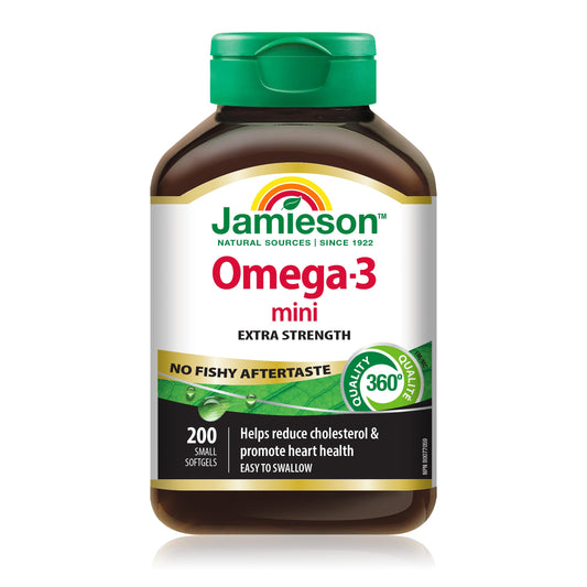 Jamieson Omega-3 Mini Softgels, No Fishy Aftertaste, Improves Heart Health, and Supports Brain Health. With 210 mg EPA and 140 mg DHA, No Burpback, Easy to Swallow, Gluten-Free, Non-GMO, 200 Count
