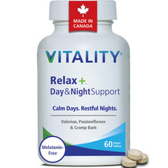 VITALITY Relax - Herbal Sleep Aid & Natural Relaxant, Tension & Stress Relief Support for Day & Night - Valerian Root, Passionflower, Melatonin-Free, Canadian Made, 60 Vegan Tablets
